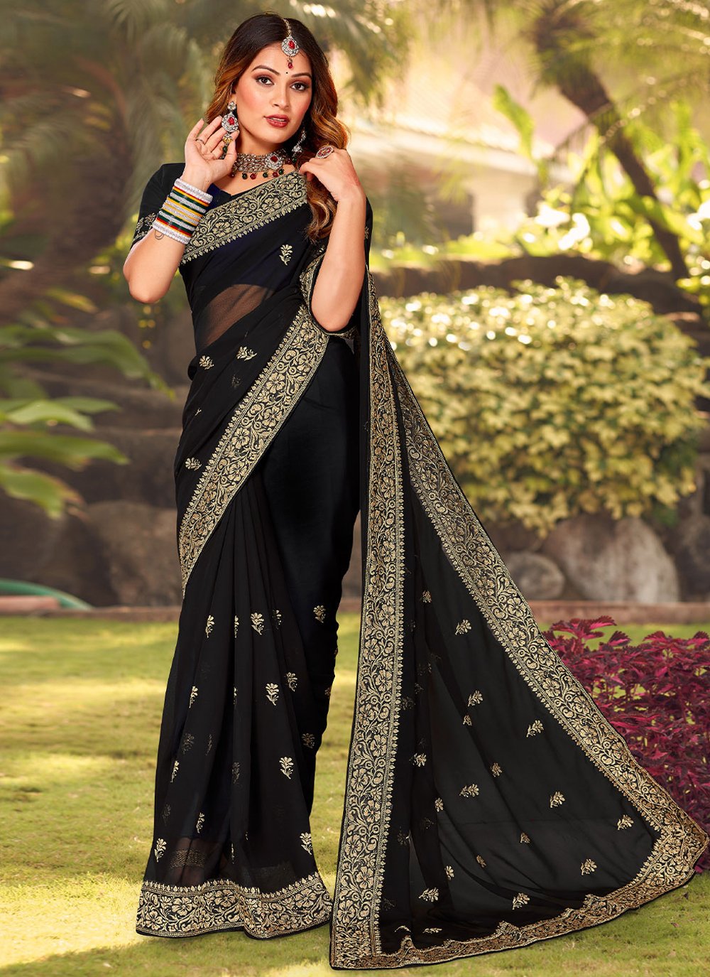 Trendy Saree Georgette Black Embroidered Saree