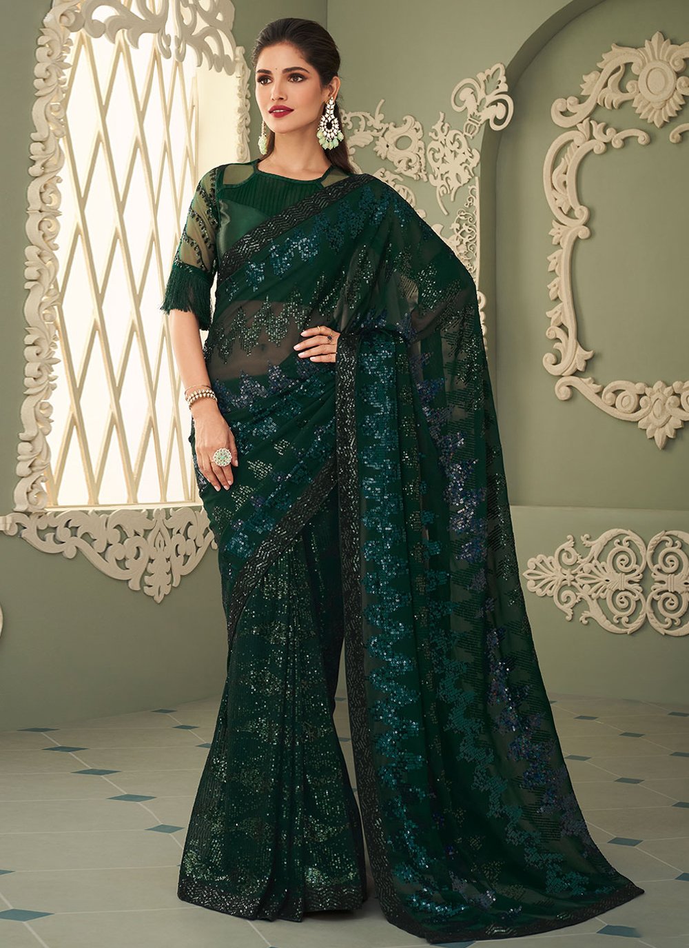 Trendy Saree Georgette Green Embroidered Saree