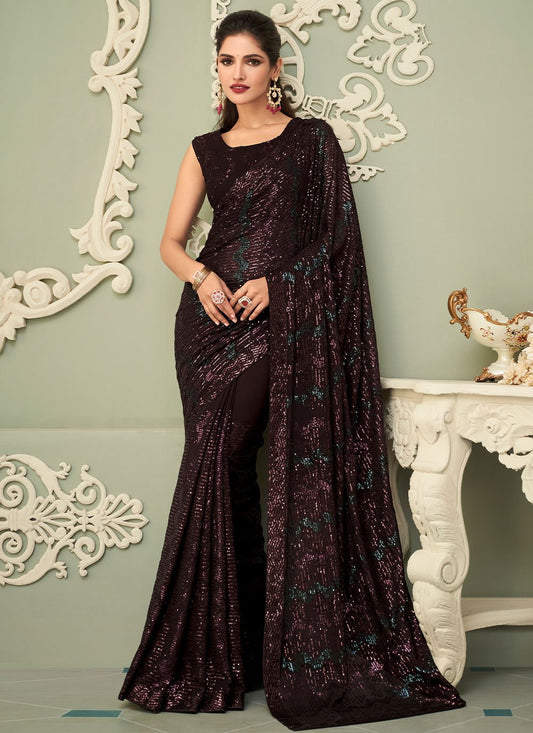 Trendy Saree Georgette Wine Embroidered Saree