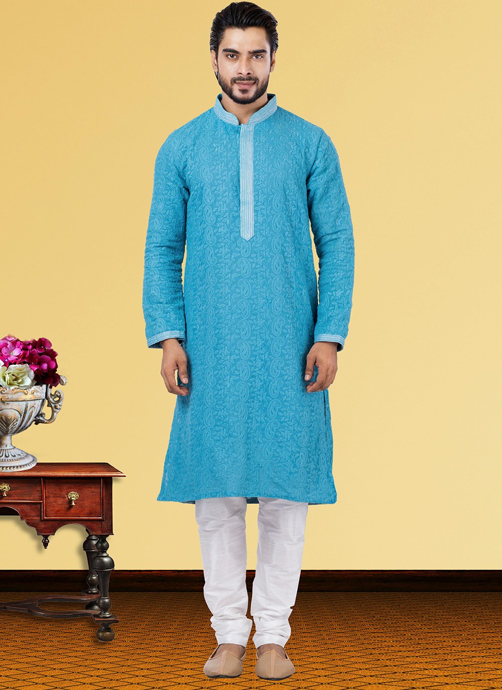 Kurta Pyjama Georgette Turquoise Embroidered Mens