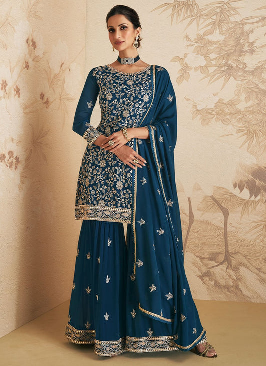 Salwar Suit Chinon Georgette Turquoise Sequins Salwar Kameez