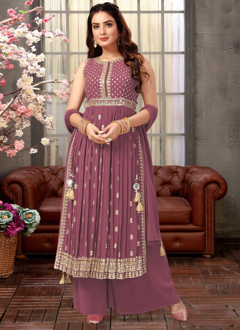 Palazzo Salwar Suit Georgette Violet Embroidered Salwar Kameez