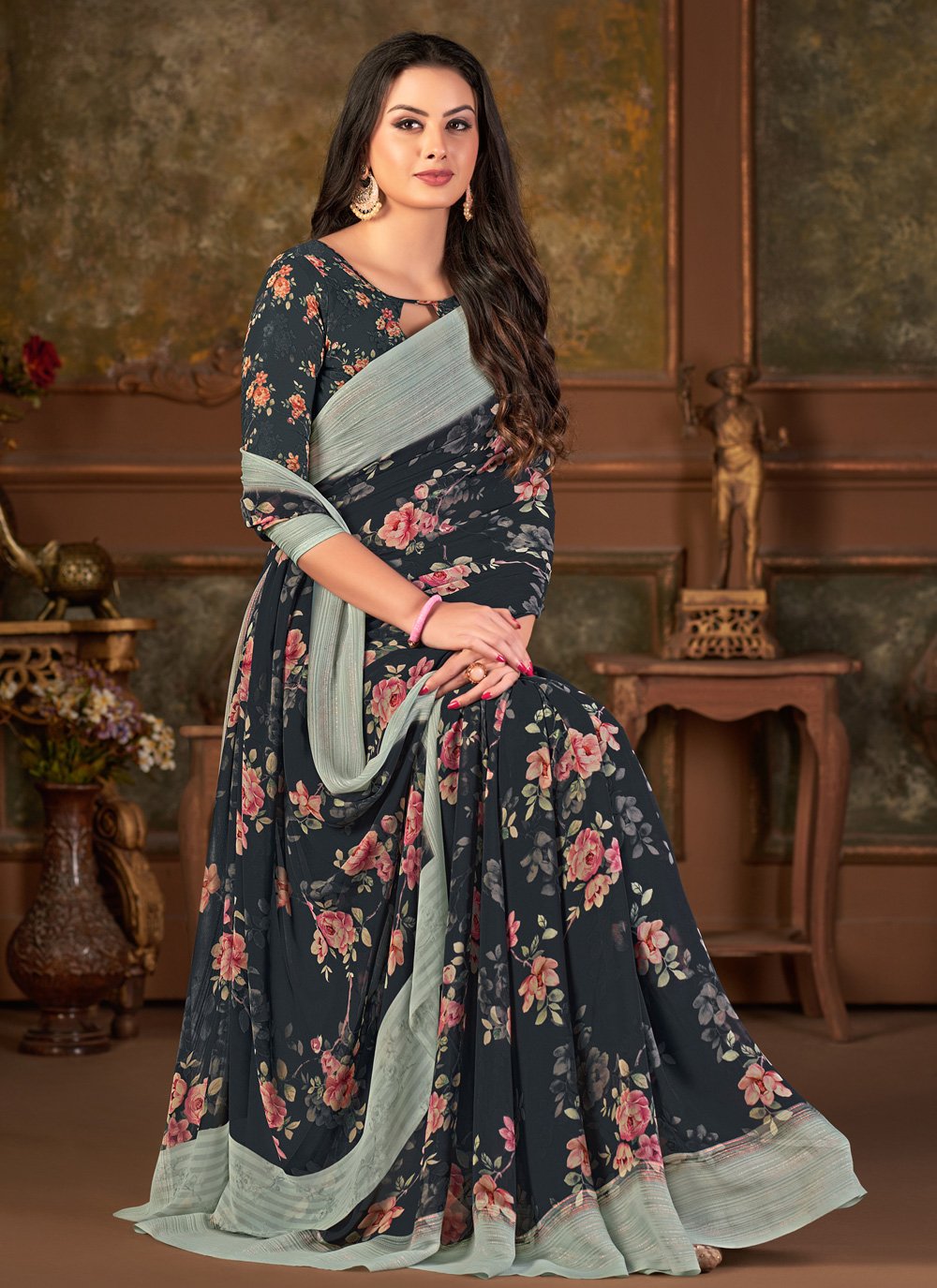 Designer Georgette Black Print Saree