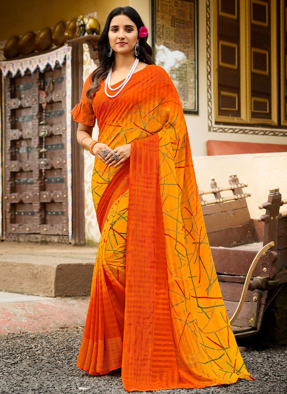 Classic Georgette Yellow Patch Border Saree