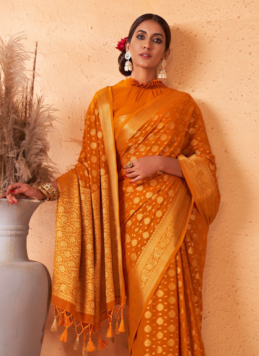 Trendy Saree Georgette Orange Weaving Saree