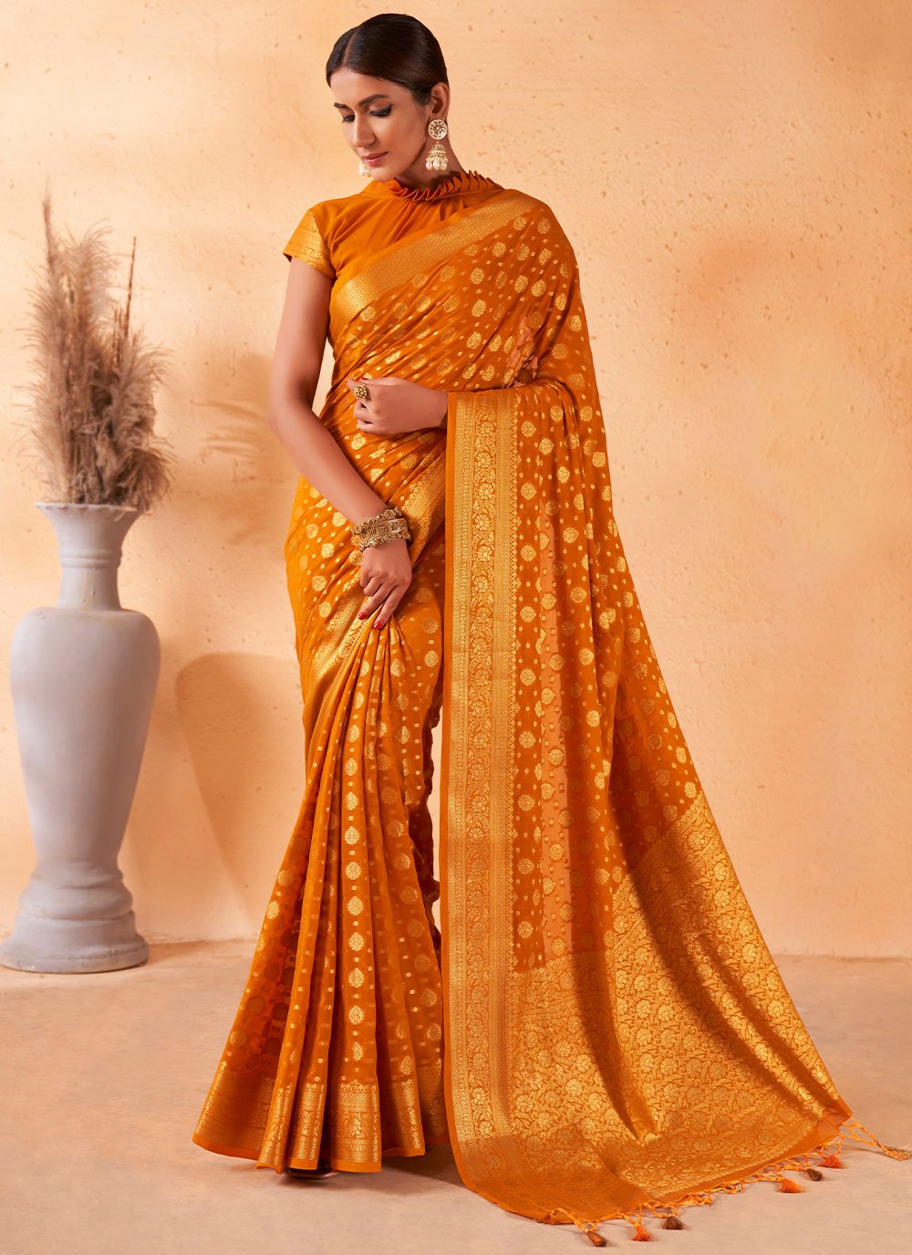 Trendy Saree Georgette Orange Weaving Saree