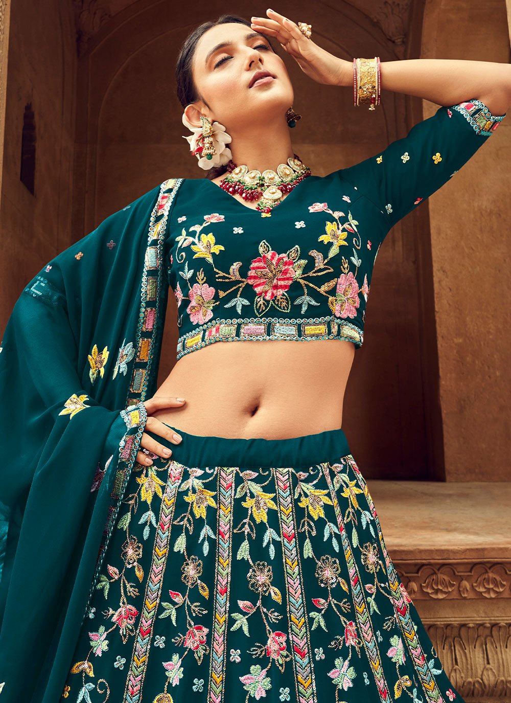 A Line Lehenga Georgette Teal Embroidered Lehenga Choli