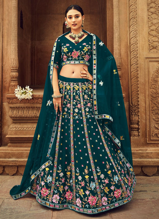 A Line Lehenga Georgette Teal Embroidered Lehenga Choli