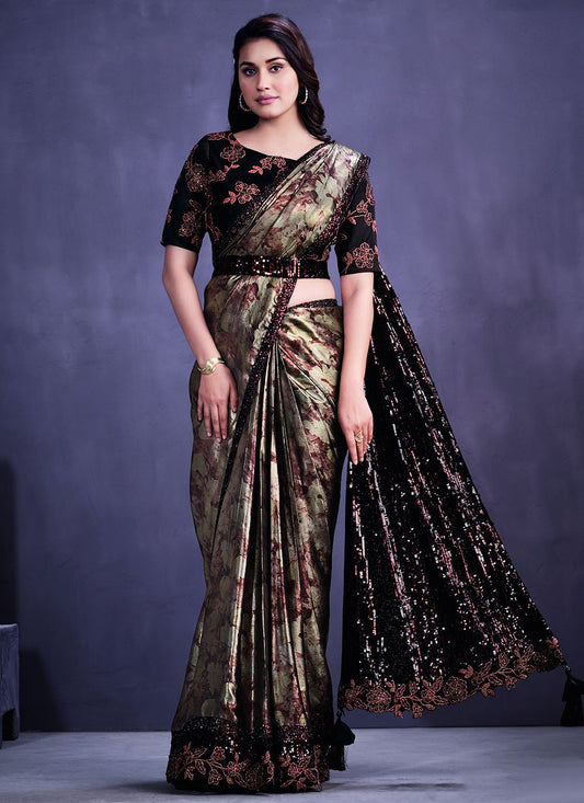 Classic Georgette Satin Black Digital Print Saree