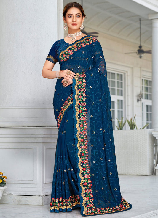 Contemporary Georgette Teal Embroidered Saree