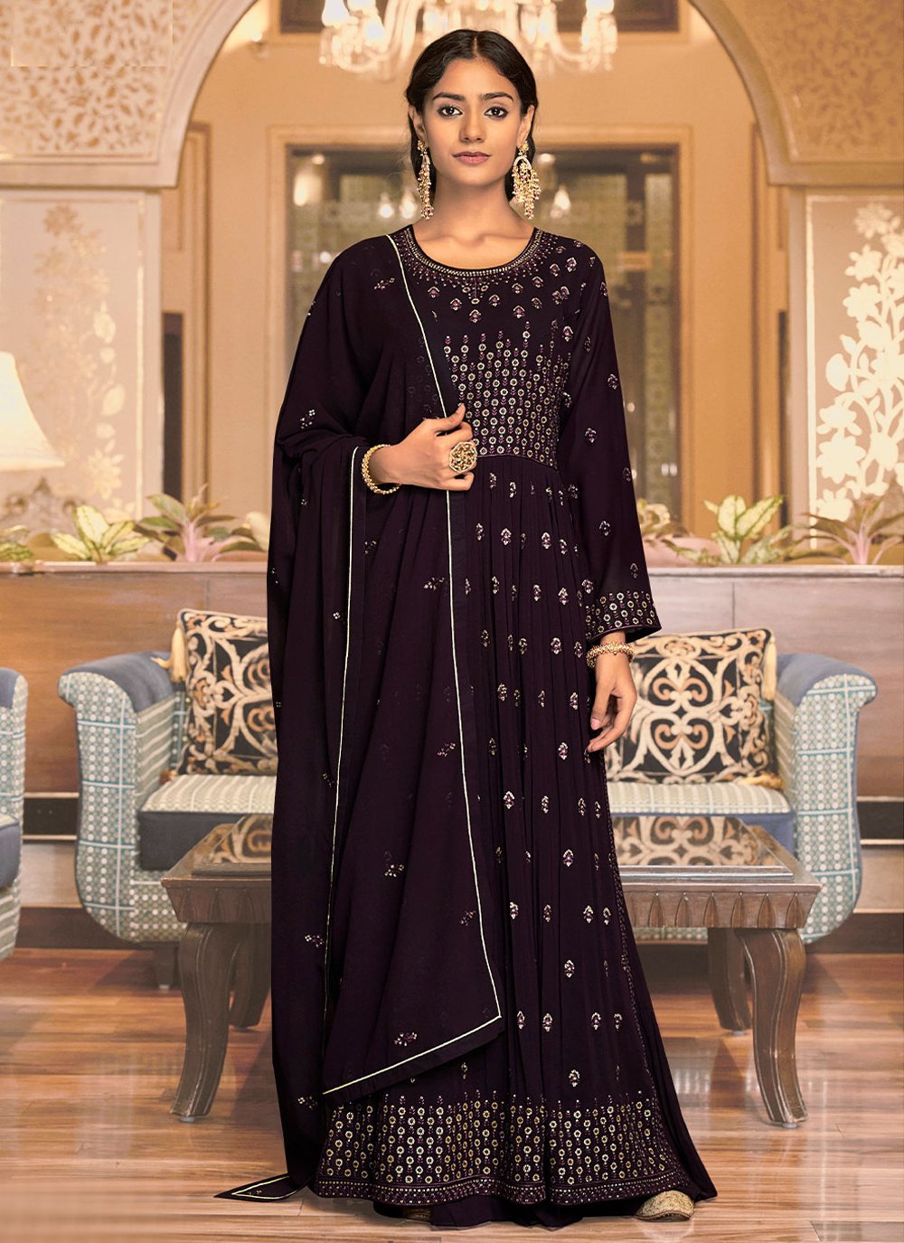 Salwar Suit Georgette Wine Embroidered Salwar Kameez