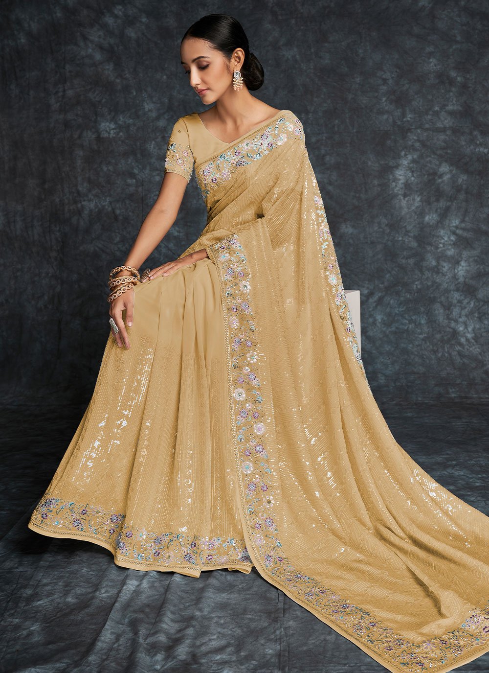 Classic Georgette Beige Embroidered Saree