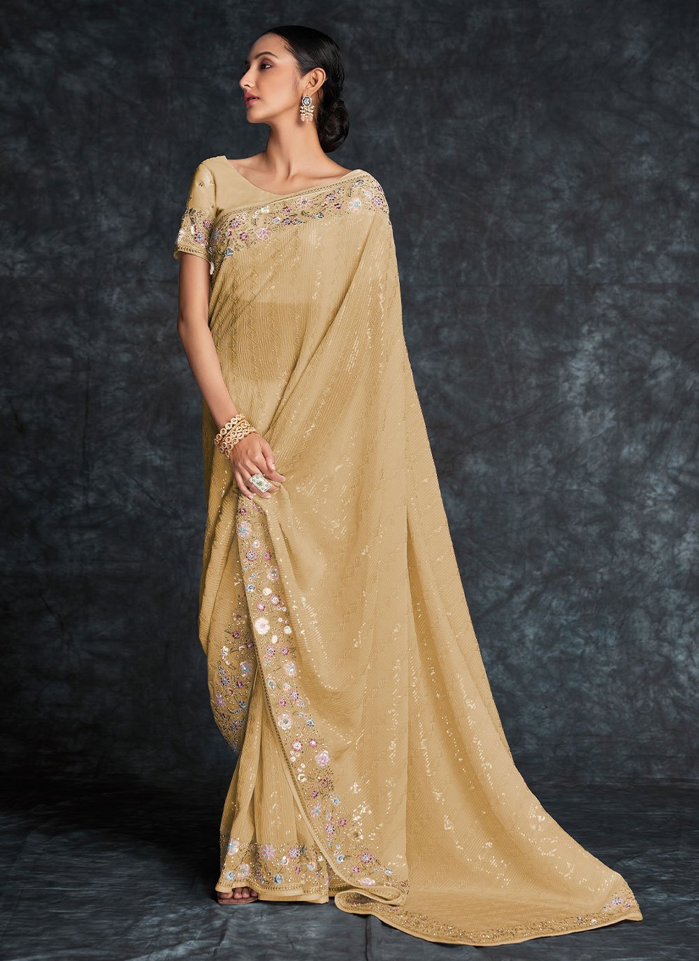 Classic Georgette Beige Embroidered Saree