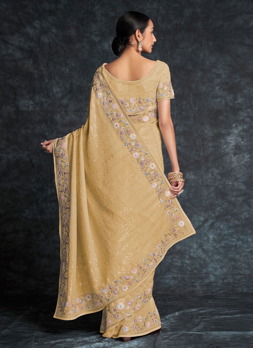 Classic Georgette Beige Embroidered Saree