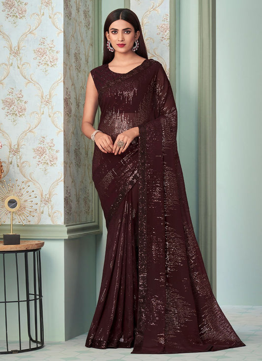 Trendy Saree Georgette Brown Sequins Saree