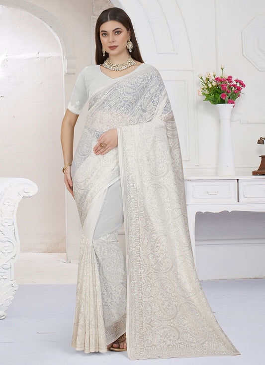 Designer Georgette White Embroidered Saree