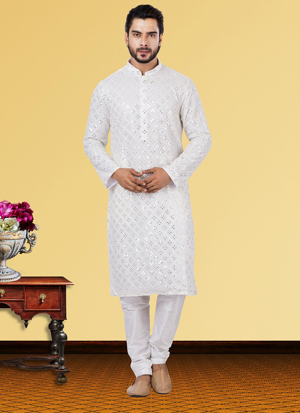 Kurta Pyjama Georgette White Embroidered Mens