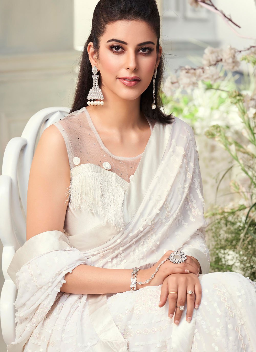 Classic Georgette White Fancy Work Saree