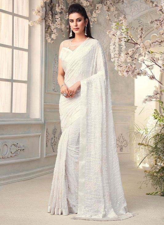 Classic Georgette White Fancy Work Saree