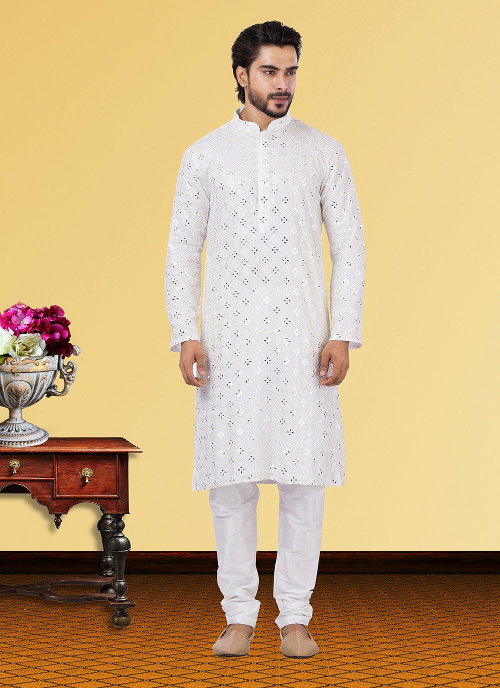 Kurta Pyjama Georgette White Embroidered Mens