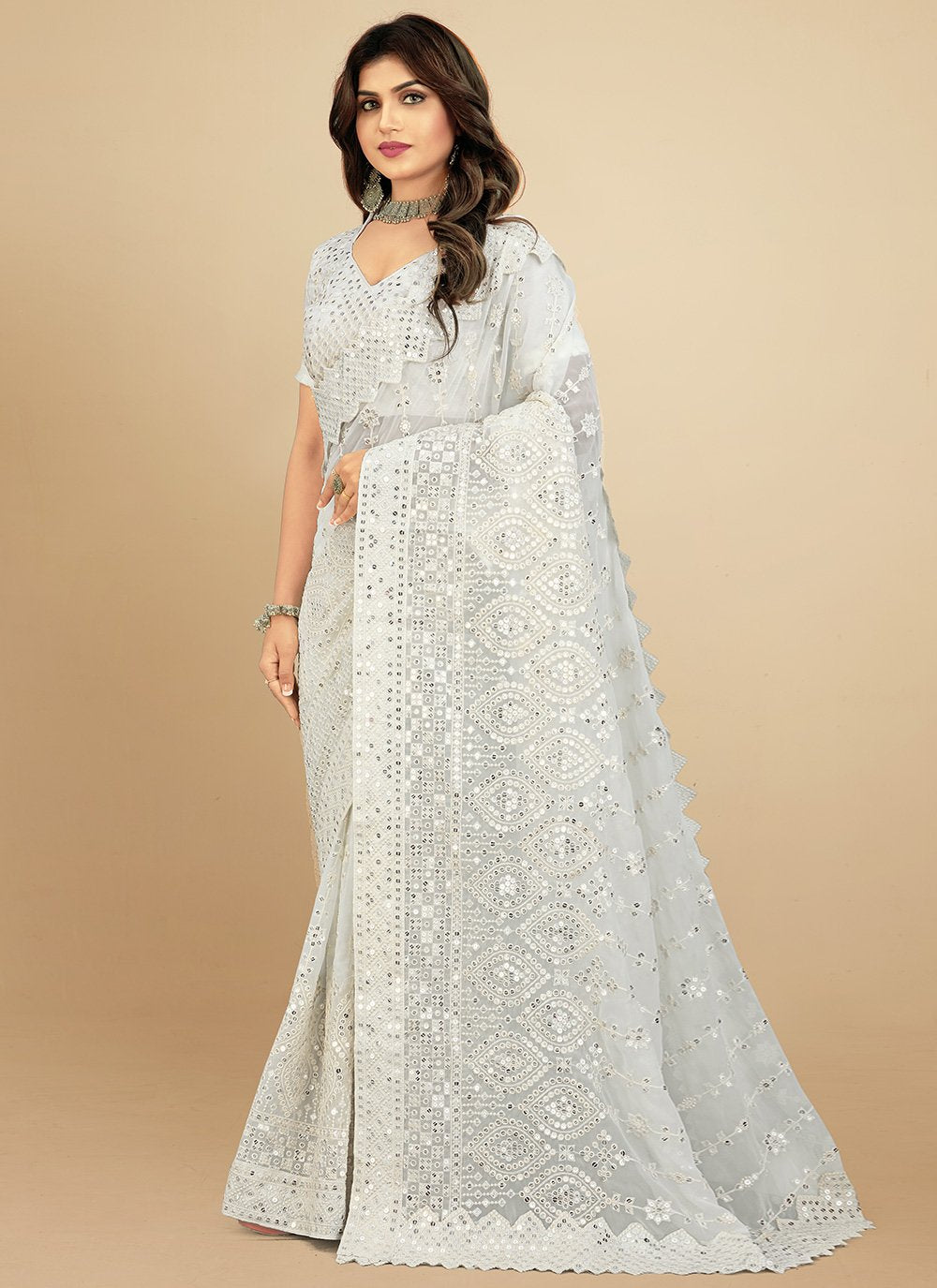 Classic Georgette White Lucknowi Work Saree