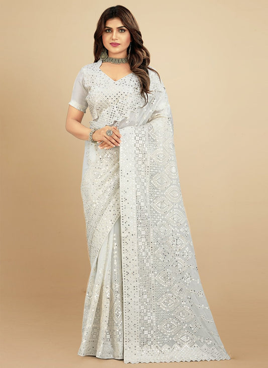 Classic Georgette White Lucknowi Work Saree