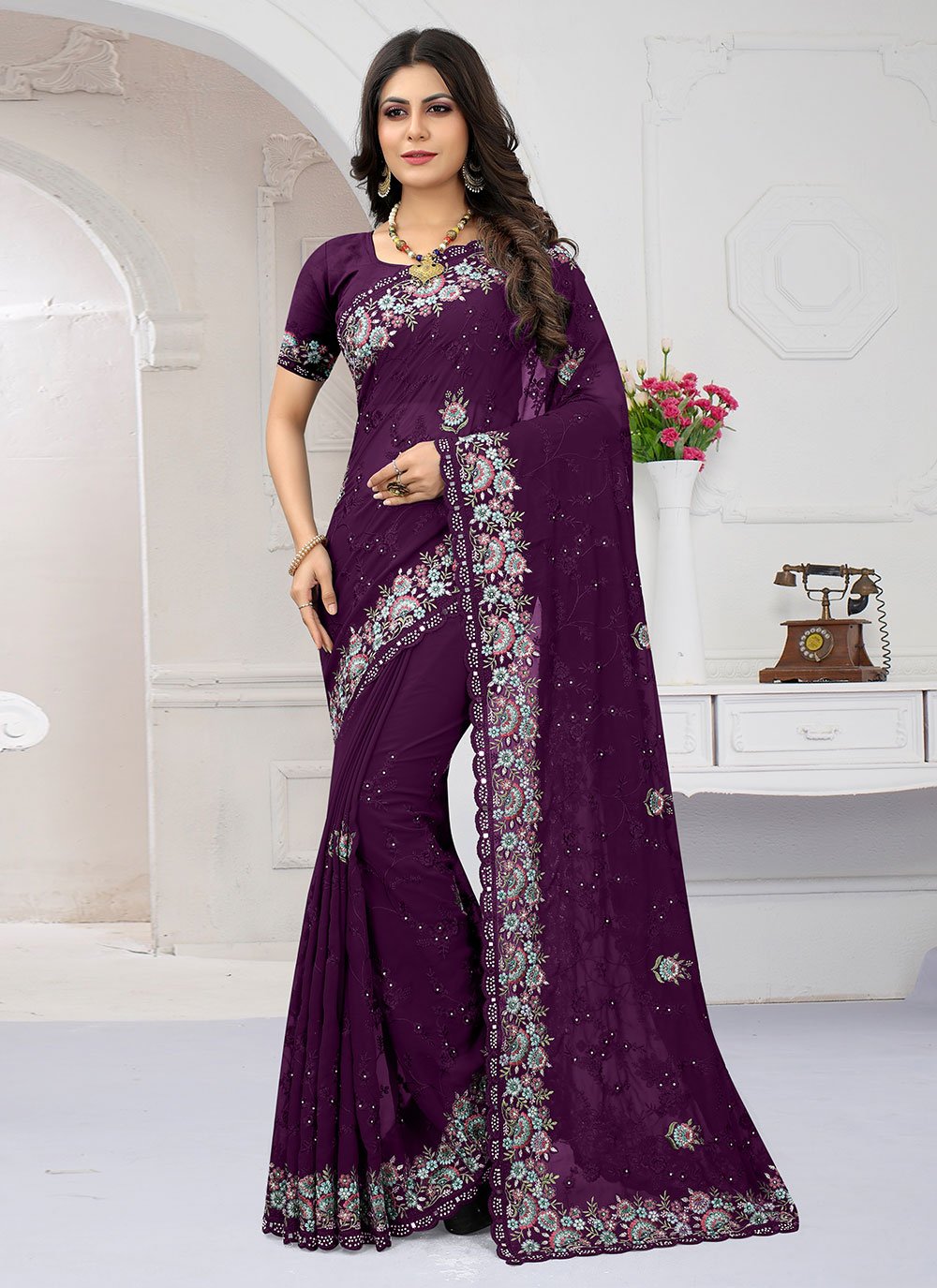 Contemporary Georgette Wine Embroidered Saree