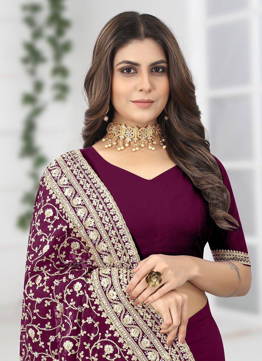 Designer Georgette Wine Diamond Saree