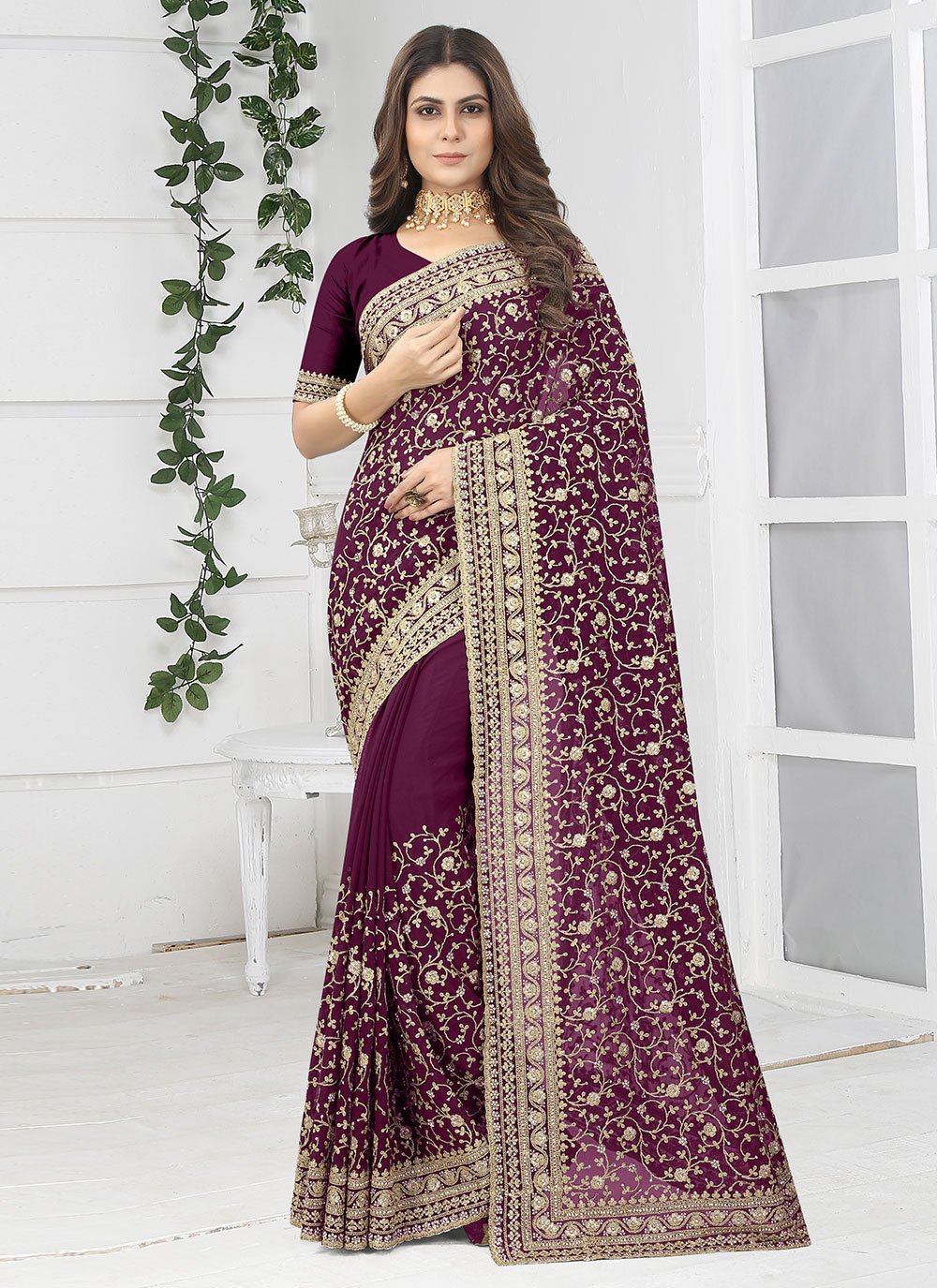 Designer Georgette Wine Diamond Saree