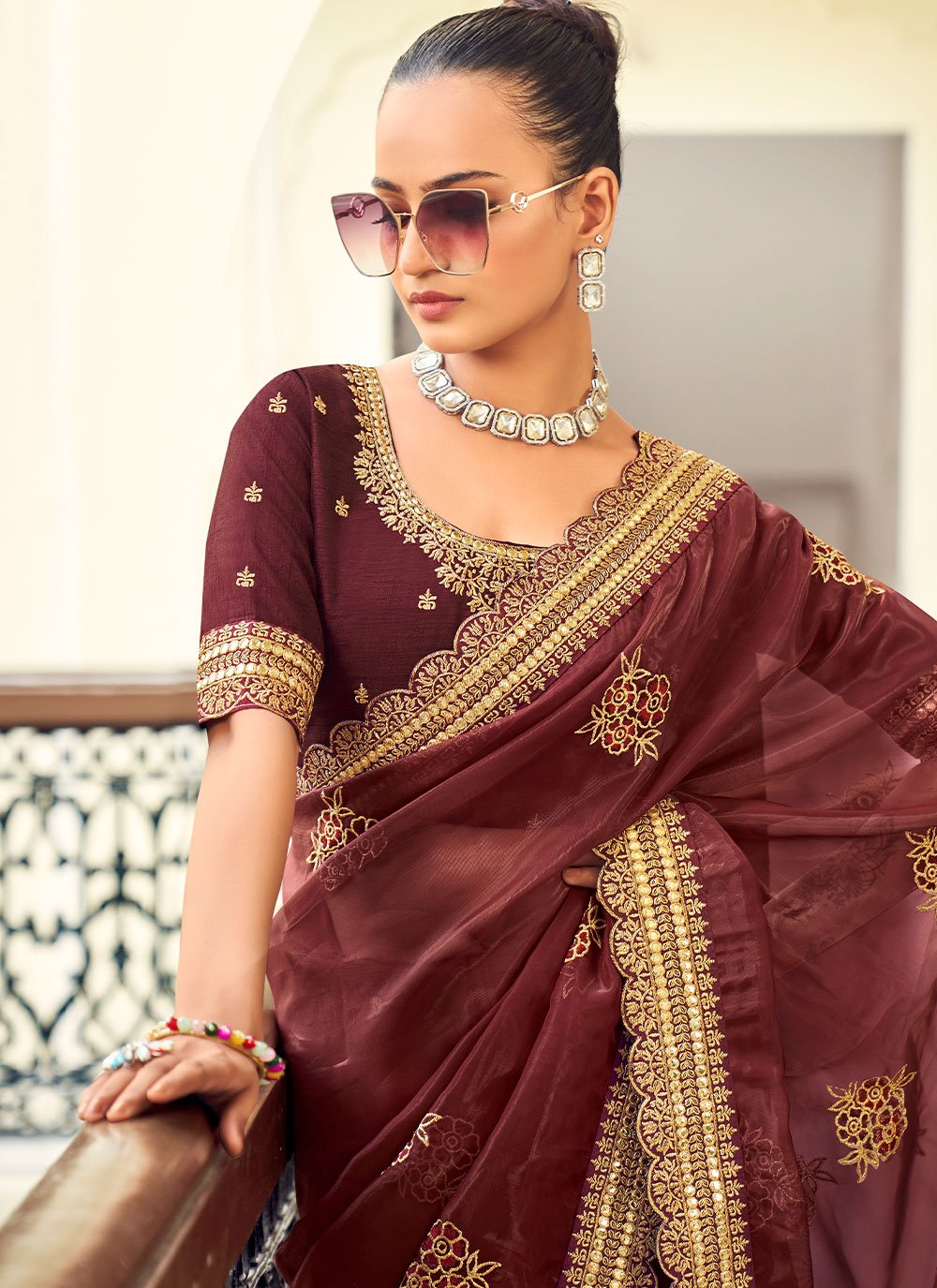 Contemporary Georgette Wine Embroidered Saree