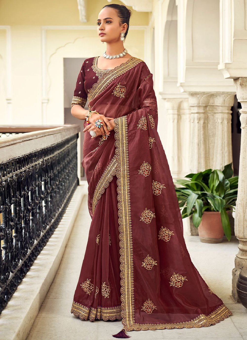 Contemporary Georgette Wine Embroidered Saree