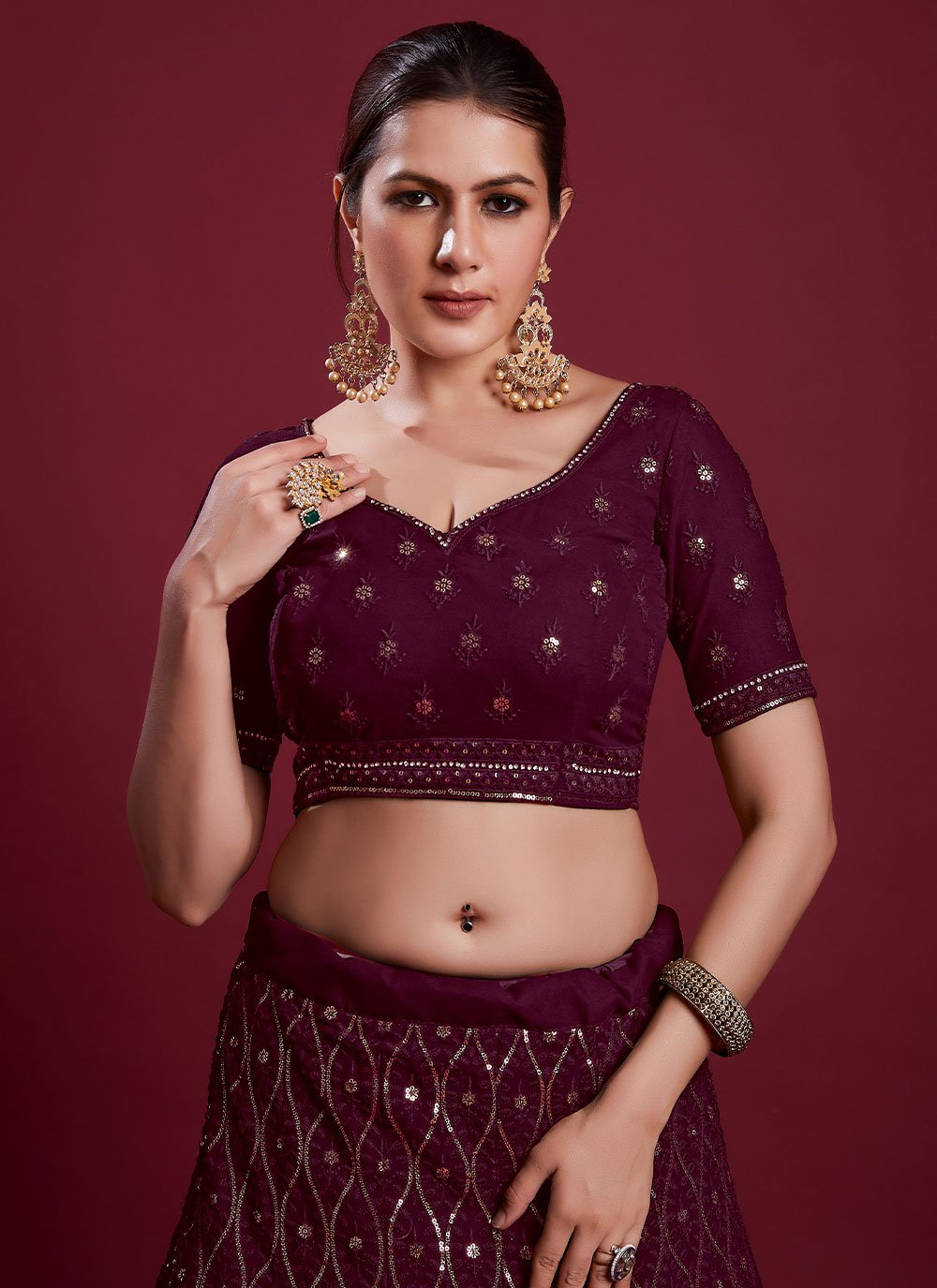 A Line Lehenga Georgette Wine Gota Work Lehenga Choli