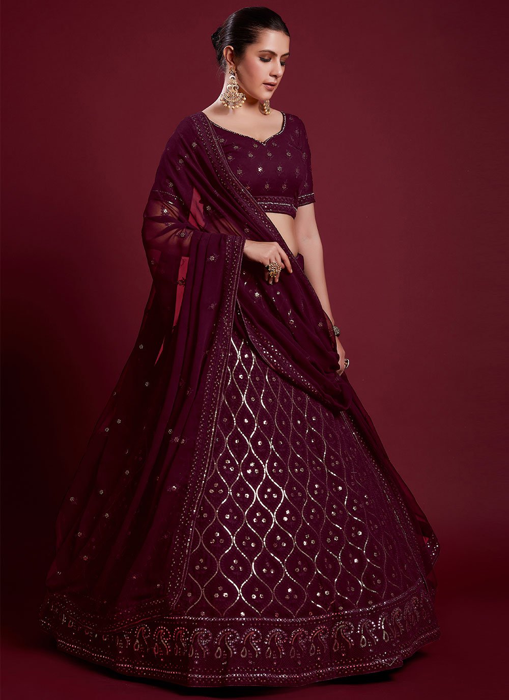 A Line Lehenga Georgette Wine Gota Work Lehenga Choli