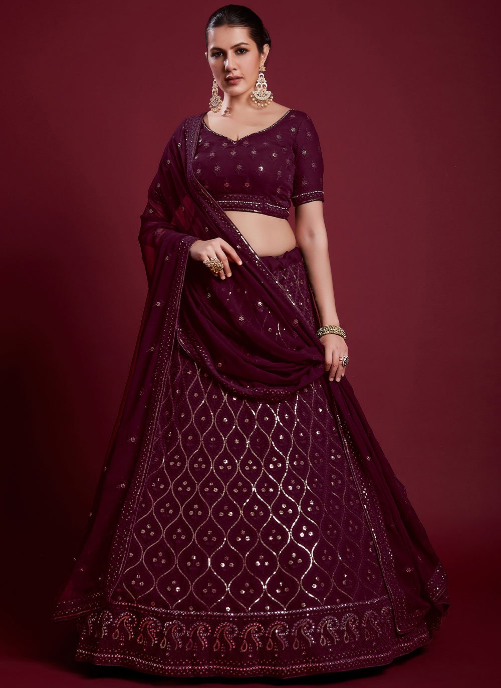 A Line Lehenga Georgette Wine Gota Work Lehenga Choli