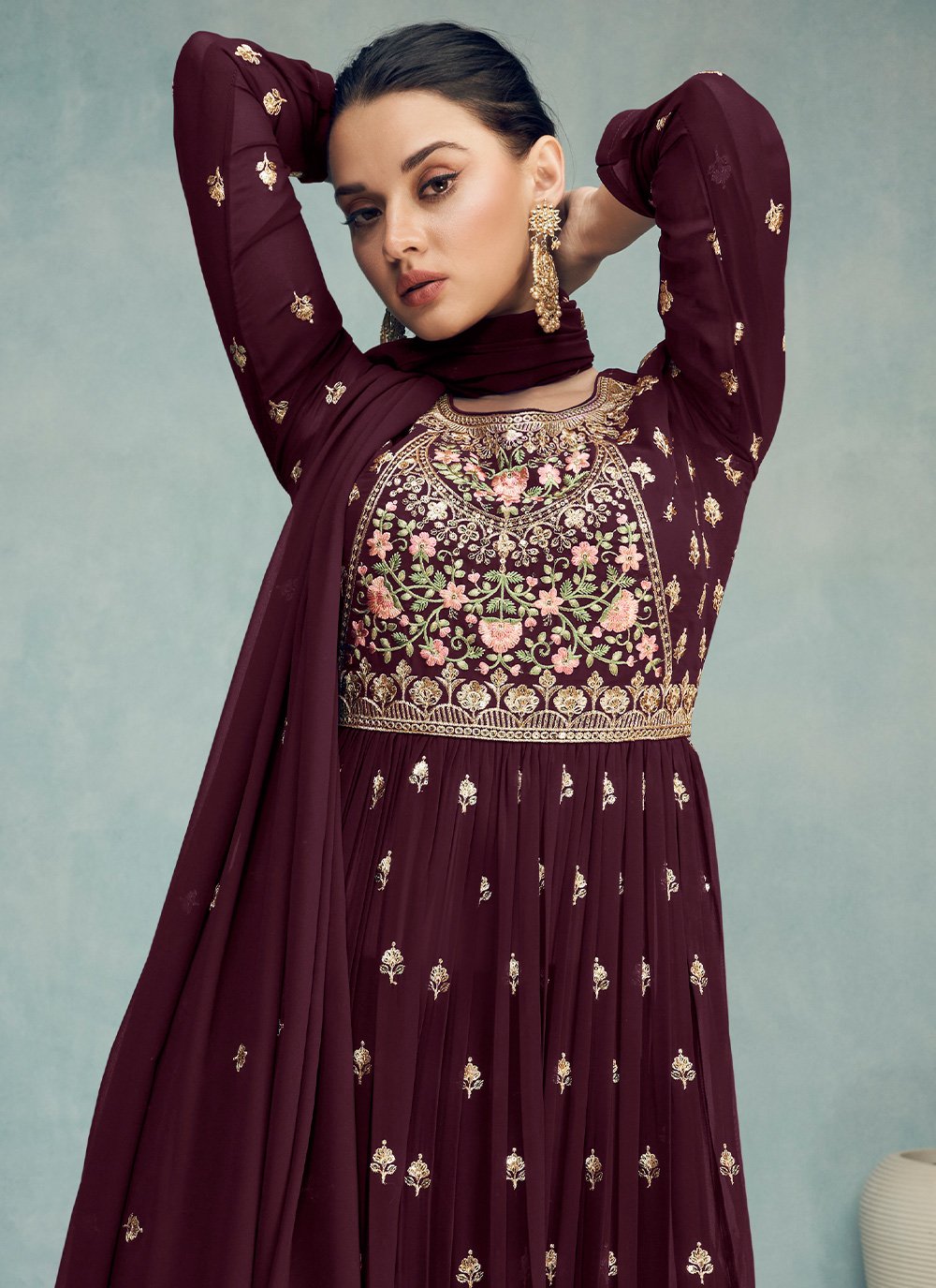 Salwar Suit Georgette Wine Embroidered Salwar Kameez