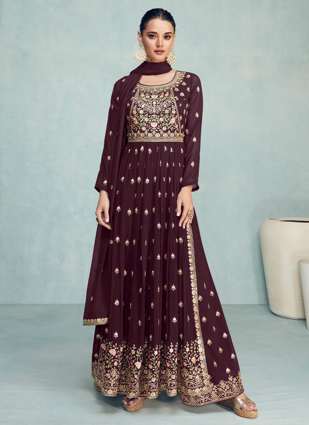 Salwar Suit Georgette Wine Embroidered Salwar Kameez