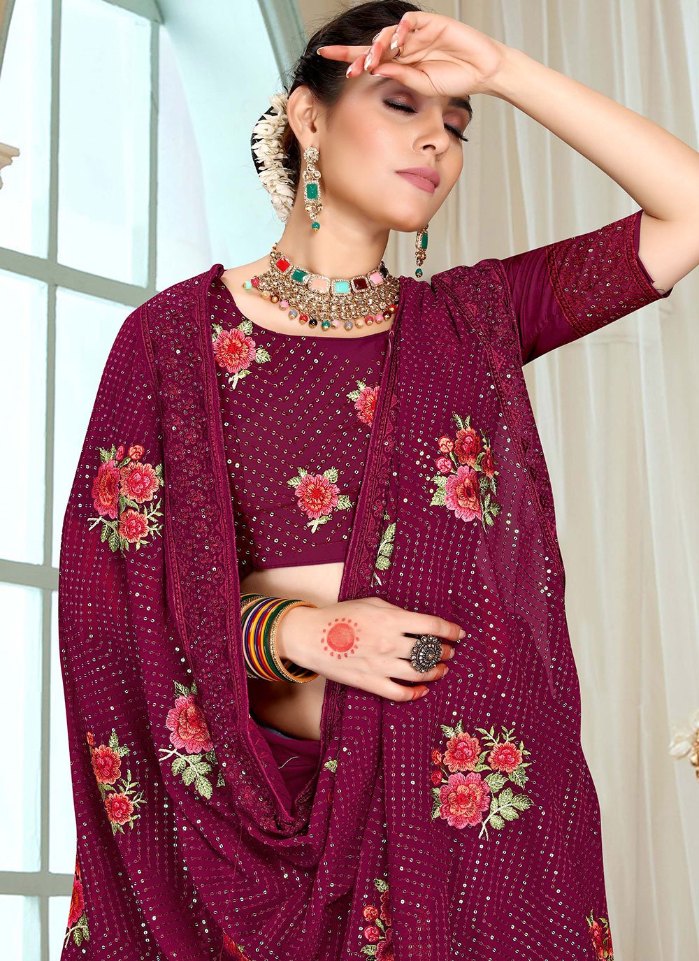 Contemporary Georgette Wine Embroidered Saree