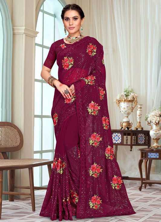 Contemporary Georgette Wine Embroidered Saree