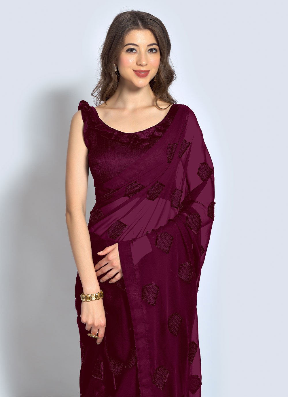 Classic Georgette Wine Sequins Saree