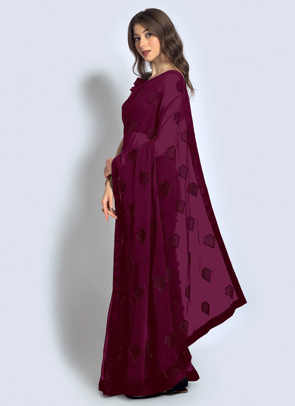 Classic Georgette Wine Sequins Saree