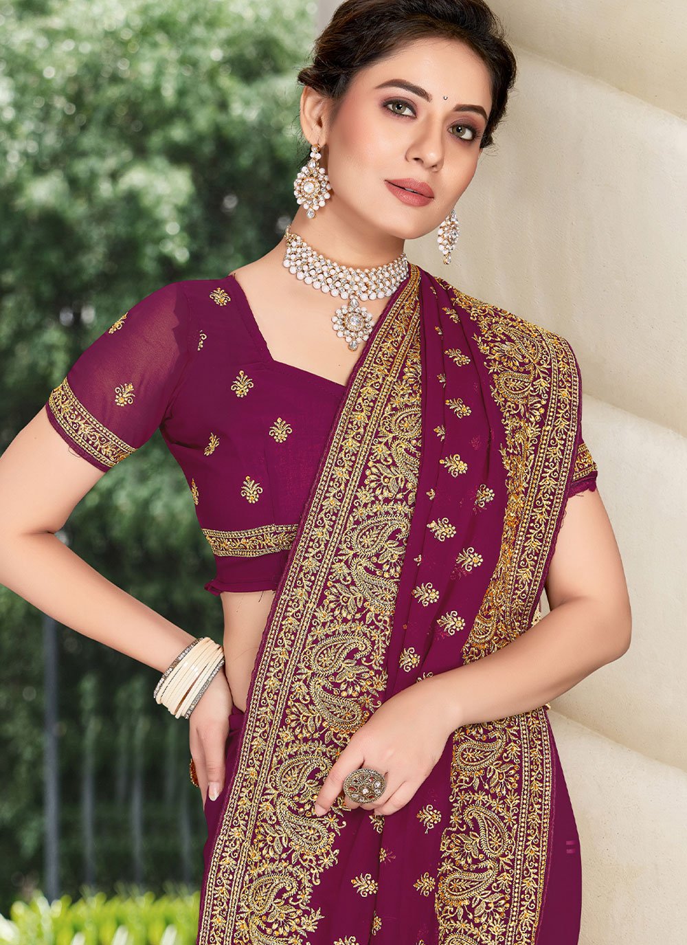 Trendy Saree Georgette Wine Embroidered Saree