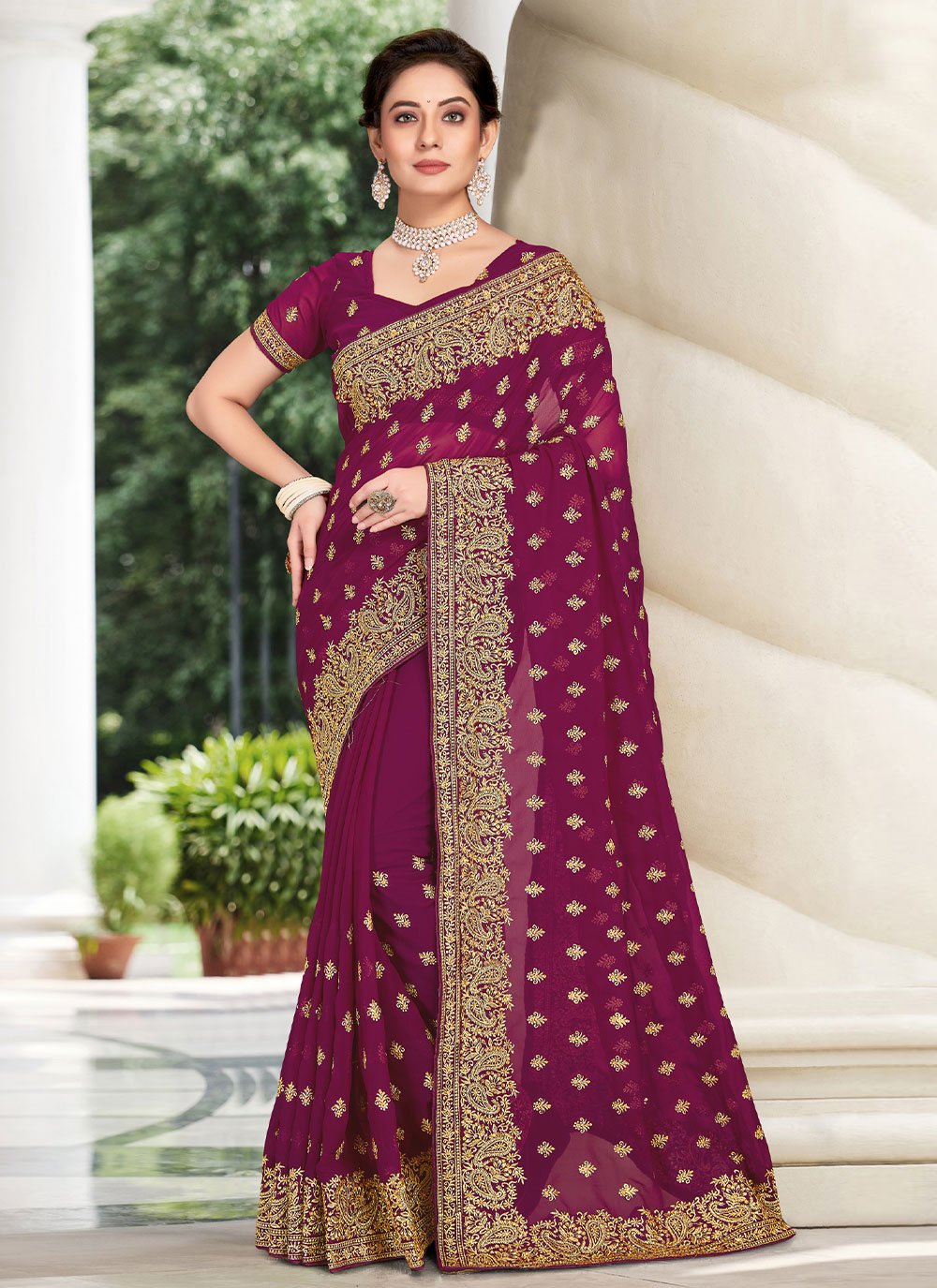 Trendy Saree Georgette Wine Embroidered Saree