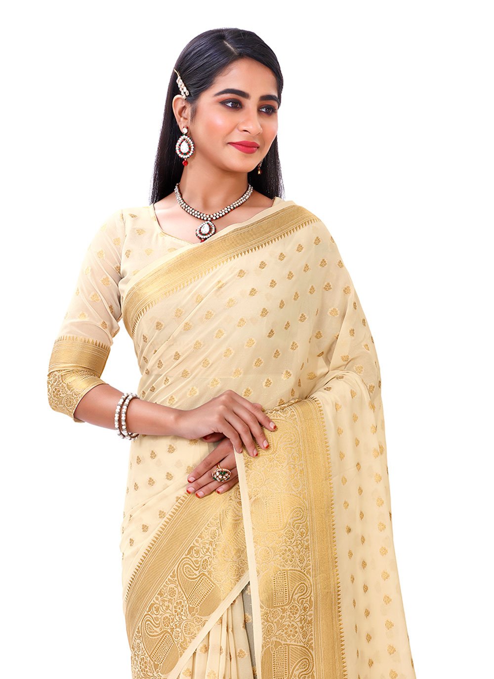 Classic Georgette Organza Silk Cream Meenakari Saree