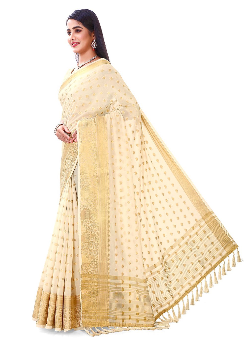 Classic Georgette Organza Silk Cream Meenakari Saree