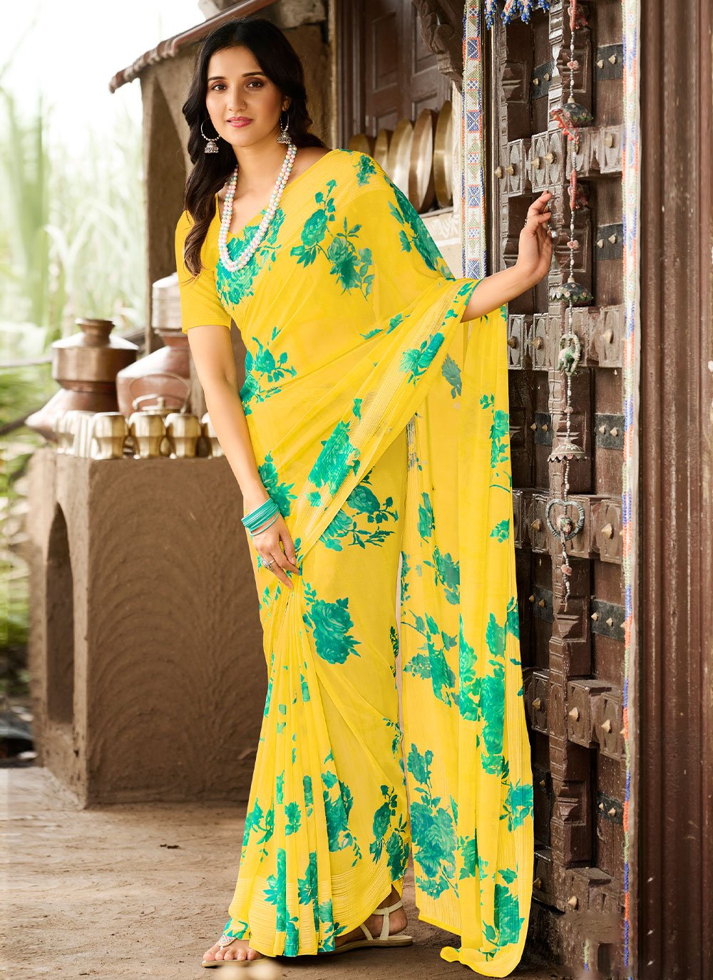 Classic Georgette Yellow Patch Border Saree