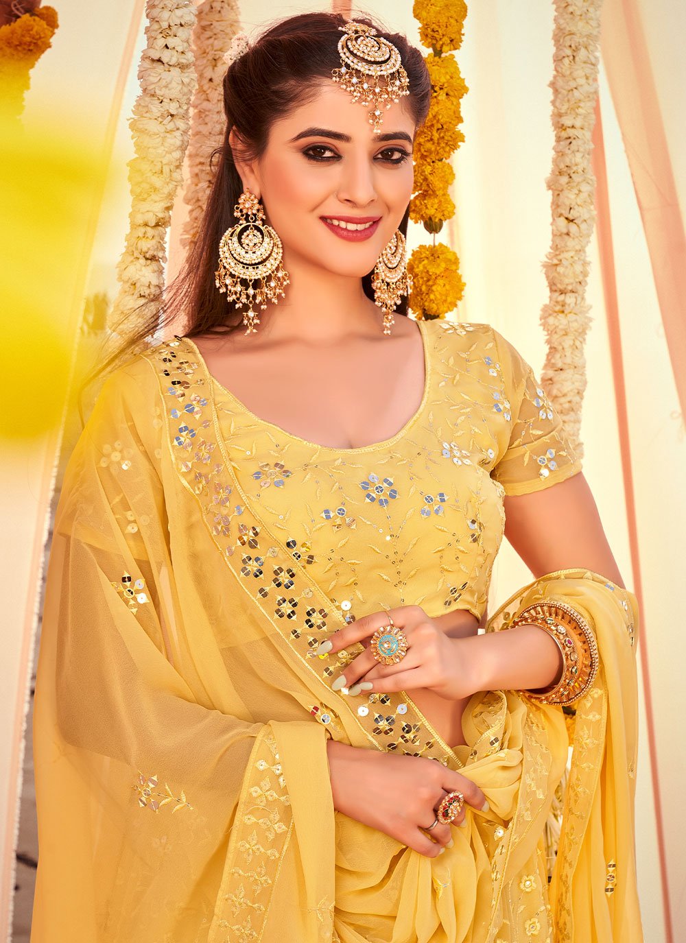 A Line Lehenga Georgette Yellow Embroidered Lehenga Choli