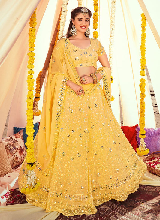 A Line Lehenga Georgette Yellow Embroidered Lehenga Choli