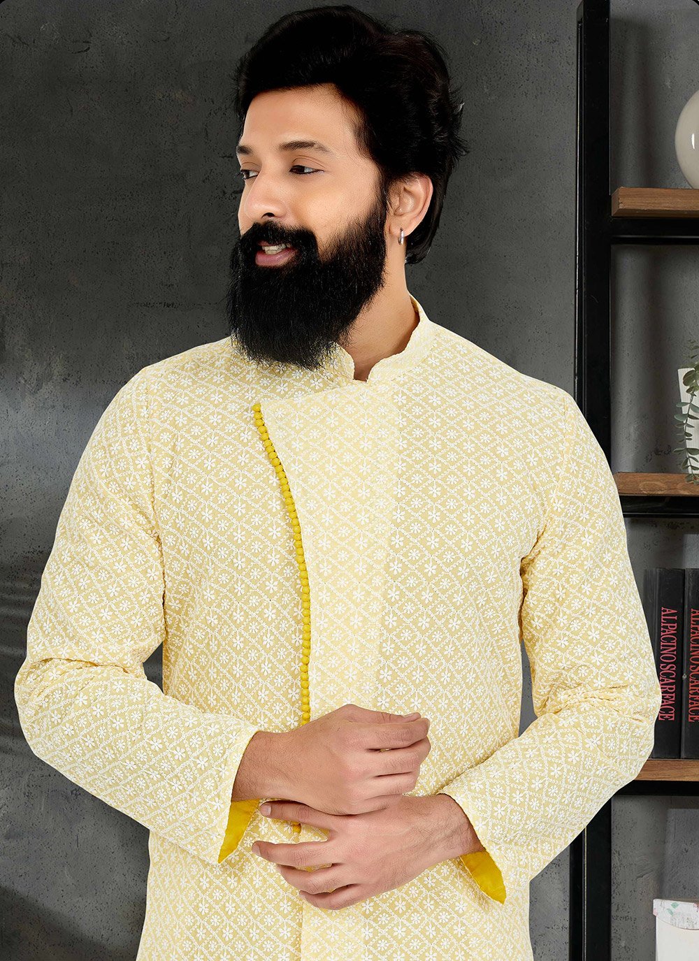 Kurta Pyjama Georgette Yellow Embroidered Mens