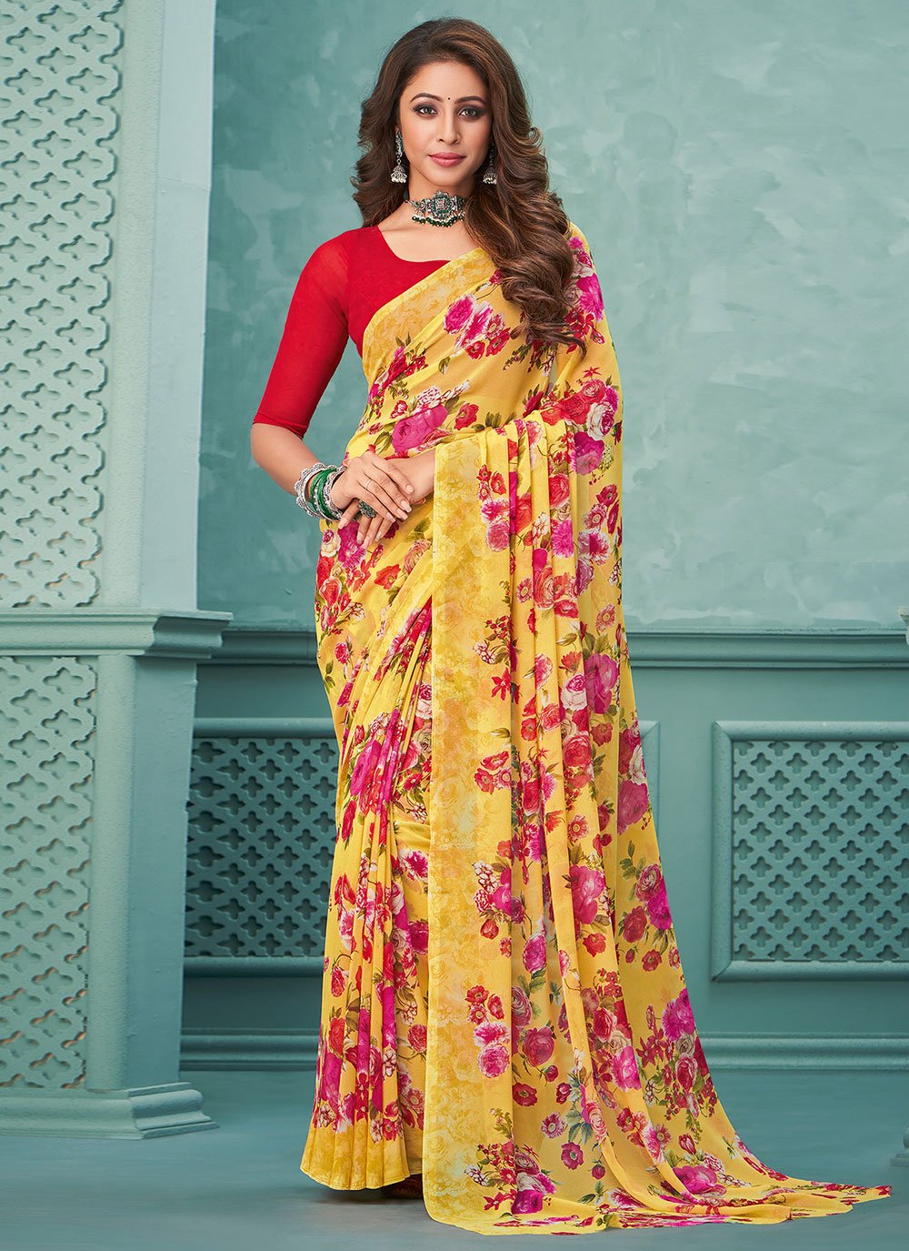 Designer Georgette Yellow Floral Patch Saree