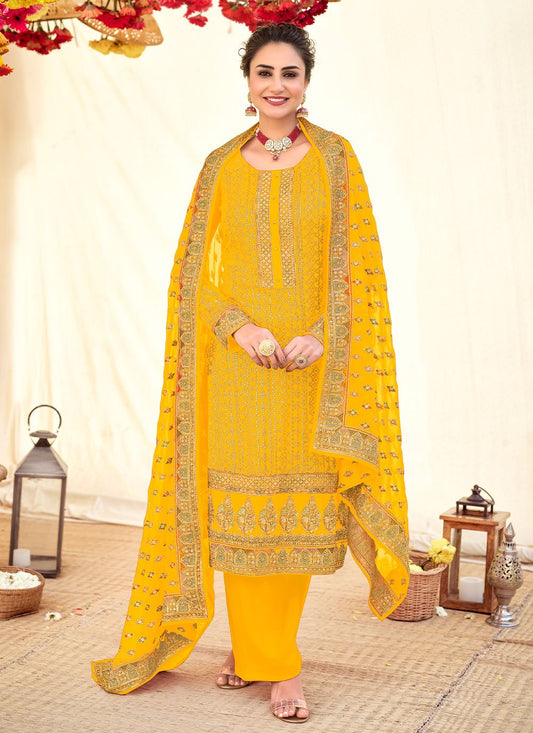 Pakistani Salwar Suit Georgette Yellow Embroidered Salwar Kameez